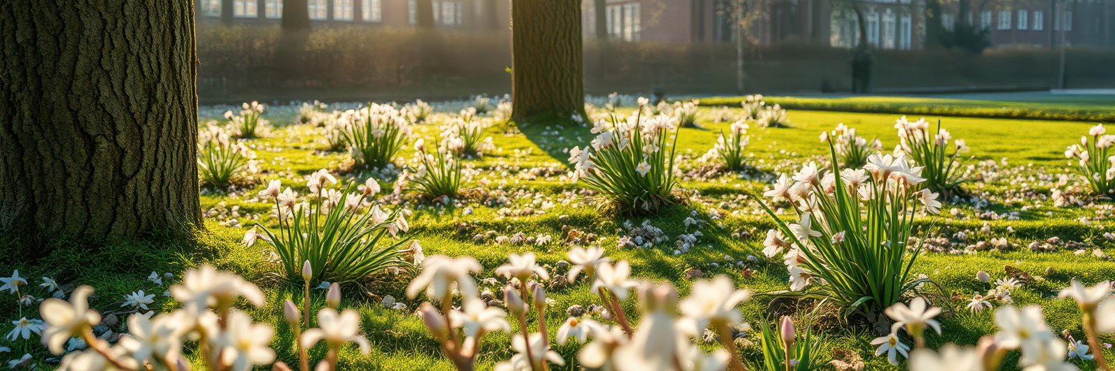 Bright spring day with blooming flowers in a sunlit park surrounded by tall trees